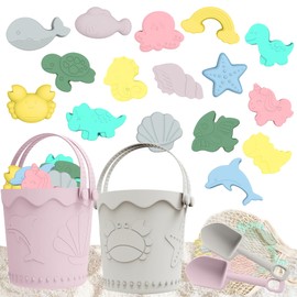 TGIQROVE Silicone Beach Toys, 21Pcs Baby Beach Toys, Travel Friendly Beach Set, 2 Silicone Bucket, 2 Shovel, 16 Sand Molds, Beach Bag, Silicone Sand Toys for Toddlers, Kids