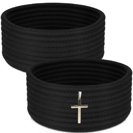 Hispqser Small Woven Baskets with Cross, Odorless Cotton Rope Basket Thicken for Organizing, Decorative Round Cute Baskets for Bedroom Closet, Black, 2-Pack