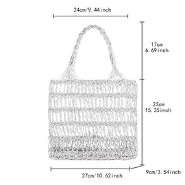 FUNSEED Straw Beach Tote Bag for Women, Gold and Silver Handbag for Beach Swimming Pool, Silver, S