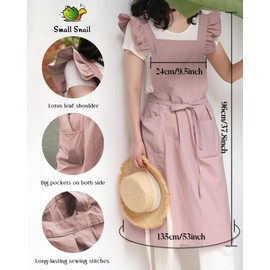 Small snail Japanese Style Women Cotton Apron Retro Literature Art Ruffle Aprons Cross Bandage Pinafore with Big Pockets for Baking, Crafting, Florist and Coffee House