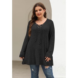 Nemidor Womens Plus Size Drawstring V Neck Long Sweater Solid Long Sleeve Tunic Top NEM525(2XL,Black)