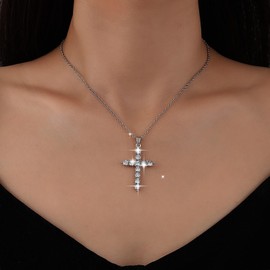 Sparkly Cz Cross Necklace Crystal Cross Pendant Necklace Thin Silver Chain Cross Fine Necklace Rhinestone Cross Choker Necklace Diamond Religion Crucifix Necklace Jewellery for Women and Girls