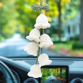 MEAJOO Car Mirror Hanging Accessories, Rear View Mirror Accessories Hanging Decor, Cute Bellflower Hand Knitted Car Pendant Suitable for Key Chains, as Gifts for Women(1 PCS/6 Flowers, White)