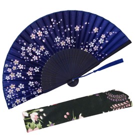 Zolee Small Folding Hand Fan - Chinese Japanese Vintage Bamboo Silk Fans - for Dance, Performance, Decoration, Wedding, Party，Gift (Little Sakura-Blue) 0210