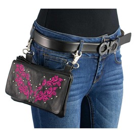 Milwaukee Leather MP8853 Women's 'Flower' Black and Pink Leather Multi Pocket Belt Bag - One Size