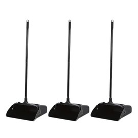 3-Pack Commercial Upright Dust Pan with Long Handle and Wheels – Heavy Duty Large Dust Pans for Indoor/Outdoor Use, Janitorial or House Cleaning Tools, Black Standing Dustpan