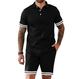 LecGee Men's 2 Piece Casual Set Short Sleeve Button Down Polo Shirts Summer Sport Shorts Matching Outfits(Black,L)