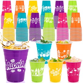 Kochorie 120 Pieces Hawaiian Luau Party Decorations Cups 16 Oz Tiki Tropical Plastic Disposable Cups Coconut Beach Decorations for Tropical Moana Birthday Decor Supplies