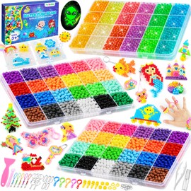 TicKiddos Water Fuse Beads Set, 24 Colours 4300+ Pcs Solid Beads and 12 Colours 2100+ Pcs Glow in The Dark Refill Compatible Beads, 5mm Water Sticky Beads with Accessories as DIY Crafts Toys for Kids