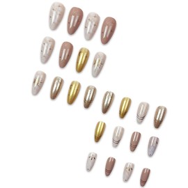 Almond Press on Nails Short Glitter French Fake Nails Glossy Gold Marble Star Print Acrylic Full Cover Almond Shape Glue on Nails False Nails Artificial Nails Reusable Stick on Nails for Women 24PCS