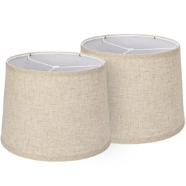 Lampshades Set of 2, Drum Lampshades 11.6" Top x 12.6" Bottom x 9.8" High, Seaside village Medium Lampshades (Spider Fitter), Beige Lampshades Natural Linen Hand Crafted, Easy Assembly Required