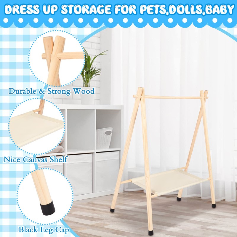 Queekay Kids Clothing Rack, Pine Wooden Clothes Organizer with Storage