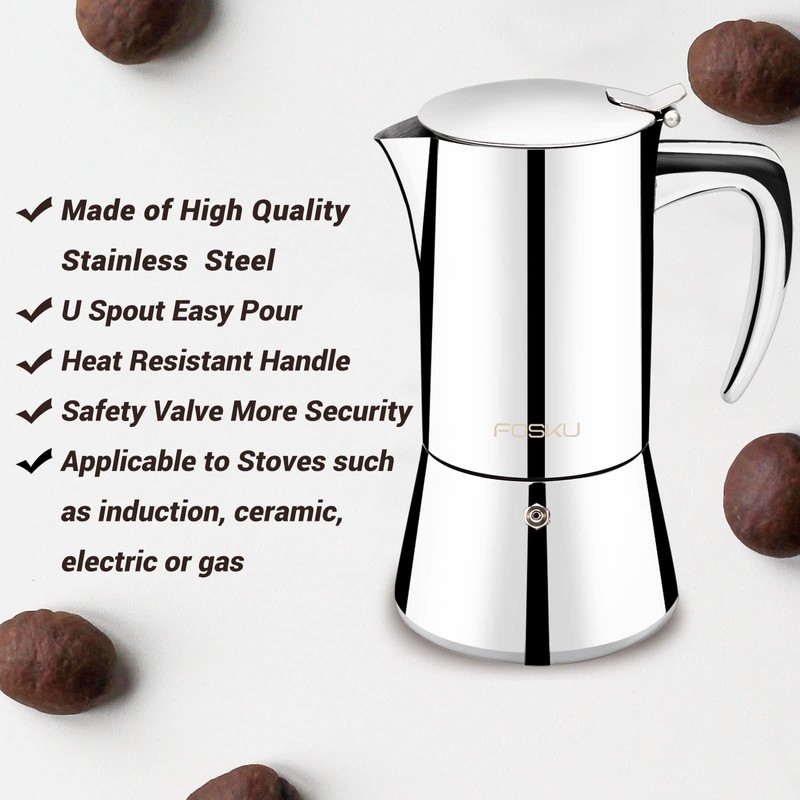 FOSKU Stovetop Espresso Maker, Stainless Steel Moka Pot, Italian Style