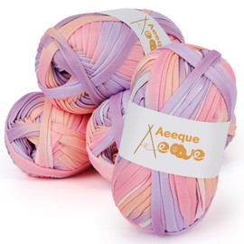 Aeeque 4 x 100 g T-Shirt Yarn, T-Shirt Yarn for Crochet and Knitting, Ribbon Yarn for Baskets, Thick Crochet Yarn for Crochet Bags, Rugs, Hat, Purple