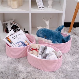 Kriitools Cute Baskets for Shelf Storage Small Woven Basket to Store and Organize Daily Items/Durable Rope Basket for Living Room, Bedroom,Playroom/Oval-13x8.66x5.11’’,Stylish 3 Packs Pink