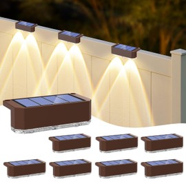 Peasur Solar Fence Lights Outdoor, 8 Pack Step Light Solar Powered, Waterproof LED Deck Lights for Stairs Railing Yard Patio Outside Warm White-Brown