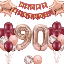 Burgundy Rose Gold 90th Birthday Decorations Set, Happy 90th Birthday Balloons Banner Party Number 90 Confetti Balloons for Women 90 years old Anniversary Birthday Party (90th)