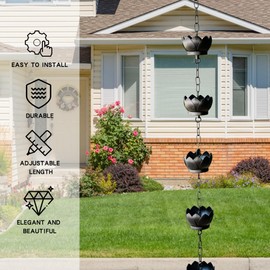 Topadorn Lotus Rain Chain for Gutters, Functional and Decorative Replacement for Gutter Downspouts, Adjustable Rain Catcher Chain with 8 Cup for Eaves Drainage, Black