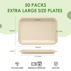 FEHHTO 50 Pack 14 Inch Disposable Food Trays Biodegradable Heavy Duty Large Paper Plates Compostable Sugarcane Platters for Crawfish, Lobster, BBQ Seafood,Party and Holiday Feast