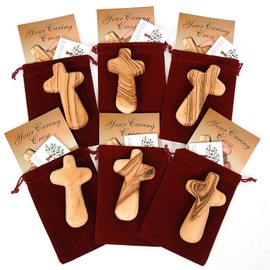 Certified Olive Wood Caring/Holding Cross with Bag and Card (6, Grade A, Grain on One Side)