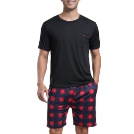 JINSHI Men's Sleepwear Pajama Set Soft Comfy Home Casual Nightwear Lounge Set 2 Piece Pjs Set Black/Red,L