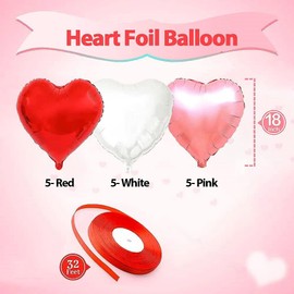 Heart Foil Balloons, 15Pcs Red Pink White Foil Heart Shaped Balloons, 18Inch Helium Mylar Balloons for Valentines, Engagement, Brithday, Baby Shower, Wedding Party Decorations