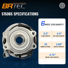 BRTEC 4WD 515065 Front Wheel Bearing and Hub Assembly Compatible with 2005-2019 for Nissan Frontier/05-12 Pathfinder/05-15 Xterra, 09-12 for Suzuki Equator 6Lugs w/ABS
