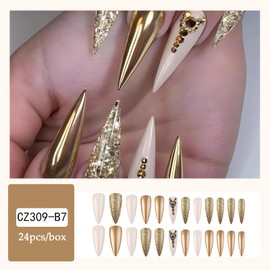 24 Pcs Stiletto Press on Nails Long Champagne Gold Fake Nails with Rhinestone Designs Glossy Full Cover Glue on Nails Exquisite Design Press on False Nails for Finger Decorations