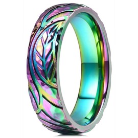 THREE KEYS JEWELRY 6mm Rainbow Color Plated Titanium Ring Leaf Texture Pattern Engraved Hammered Design Wedding Band Engagement Ring for Men Women Comfort Fit 11