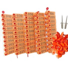 Sheep Ear Tag 001-100 Numbered Goat Ear Tags(Number Plastic Livestock Ear Tag Animal Tag)(Orange）