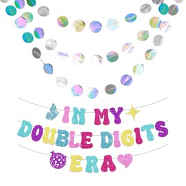 Double Digits 10th Birthday Decorations, 10th Birthday Banner, Comes with 4m Iridescent Disc, Reusable, Perfect for 10 Year Old Girls Party Decorations