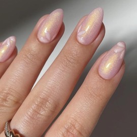 MISUD Press On Nails - Short Almond Glossy Glue On Acrylic Stiletto Artificial Summer Cute Flower Stick On False Nails with Design - 30pcs Pink