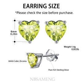 Nbsameng Birthstone Stud Earrings For Women, Heart 925 Sterling Silver Stud Earrings, Cubic Zirconia Earrings Hypoallergenic Studs, Jewelry Gifts, Aug-Light Green