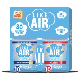 Like Air Puffcorn 2 Flavor Variety Pack (Pack of 20) White Cheddar and Classic Puff Corn, Snack Box, 50 Calories Per Cup, Gluten Free Snacks for Kids, Kosher, Non-GMO Corn, Shark Tank Product