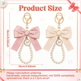 Neptniopllab Bow Pearl Keychain,Pink Keychain,Silk Pink Bow Pearl Bowknot Wristlet Keyring for Girls,Women,Purse Charms