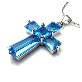 RIZILIA Crucifix Cross Pendant with 45cm(18") Chain & Trapezoid Square Cut Gemstones CZ [Aquamarine] in 18K White Gold Plated, Simple Modern Elegance