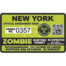 New York NY Zombie Hunting Permit - Hunter Response Team Unit 4" Outbreak Sticker