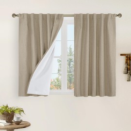 LAMIT 100% Blackout Short Linen Curtains for Cafe, 40 Inch Length Linen Textured Thermal Curtains Back Tab and Rod Pocket Neutral Panels with White Liner for Kitchen, 2 Panels, 42 x 40 Inch, Taupe