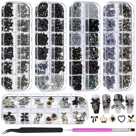 5 Boxes 3D Nail Charms Set,24Pcs Y2k Alloy Nail Art Rhinestone Charms 3D Bow Flower Crown Heart Star with Tweezers and Dual-end Brush for Manicure Salon DIY Crafts,Face Makeup Gems Jewels (Black)