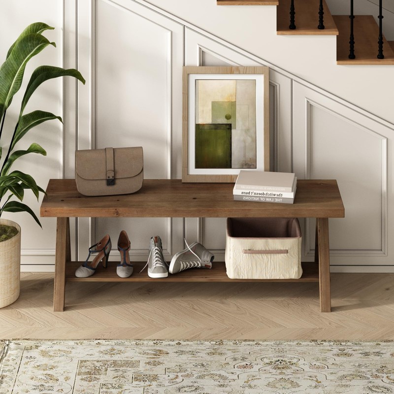 RowyPoey 51" Solid Wood Bench, Long Farmhouse Entryway Bench with