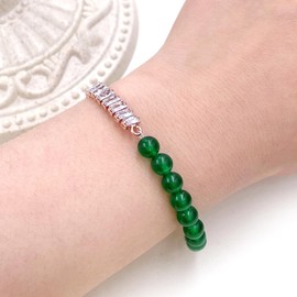 JunyiDIY Natural Green Jade Beaded and Tennis Zircon Bracelet, Rose Gold Chain Adjustable Bracelet Good Luck Bracelet for Wife Mom Energy Bracelet