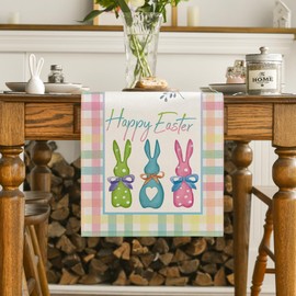 Artoid Mode Green Blue Pink Buffalo Plaid Bunny Rabbit Happy Easter Table Runner, Kitchen Dining Table Decoration for Home Party Decor 13x48 Inch