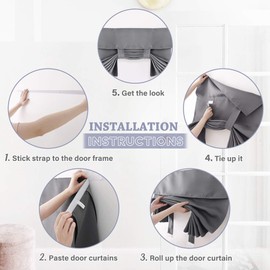 PONY DANCE Portable Door Curtain Thermal French Door Blinds Privacy Room Darkening Windproof Blackout Curtain No Drilling Tie Up Shades Window, 26x80-Inch, Grey, 1 PC