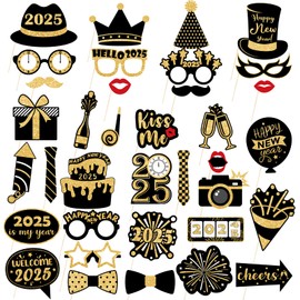 Hxezoc 36pcs New Years Eve Party Props 2025 New Year Photo Booth Props Selfie Props Glitter Photobooth Party Decoration