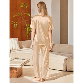 Ekouaer Silk Satin Pajama Sets for Women 2 Piece Pjs Short Sleeve Sleepwear Long Pants Set Notch Collar Nightwear Lounge Set,Khaki,S
