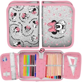 Paso Minnie Mouse Flip Out Glitter Pencil Case with Accessories, Grey and Pink, Pocket Organiser
