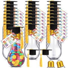 PullCrease 24 Sets Graduation Clear Plastic Light Bulb Jars with Tassels Caps and Bright Future Cards Fillable Light Bulb Candy Container Bulk for Crafts 2025 Graduation Party Favors