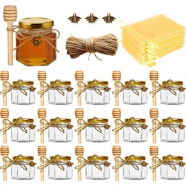 Adabocute Honey Pot 2oz, Mini Glass Honey Jars with Wood Dipper, Gold Lid, Bee Pendants, Beige Gift Bags, Thank-you Tags, Ideal for Baby Showers Favors Wedding Favors, 15 Pack
