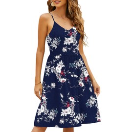 YATHON Casual Dresses for Women Sleeveless Cotton Summer Beach Dress A Line Spaghetti Strap Sundresses with Pockets (XL, YT090-Navy Floral 01)