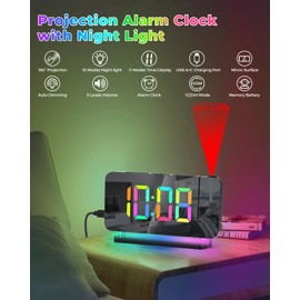 SZELAM Projection Alarm Clock, 7.4 in Digital Mirror Clocks,with 180° Rotatable Projector, RGB Night Light,USB C Charger Port, Auto Dimmer, LED Desk Clock for Bedroom - Black